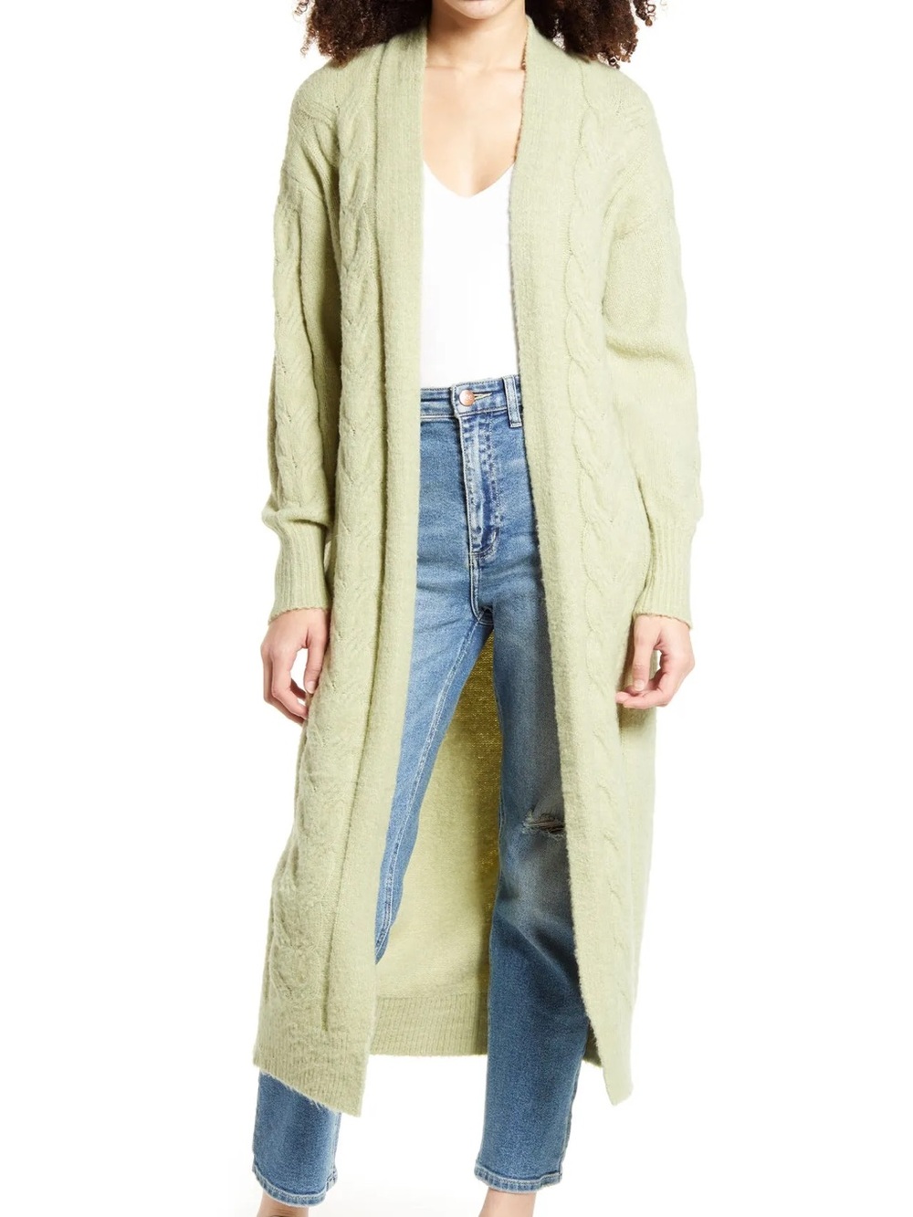 Leith Sage Green Cable Knit Longline Duster Cardigan Sweater Size M